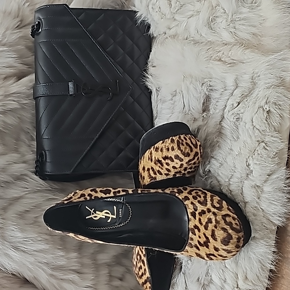 YVES Saint Laurant Leopard Tribute Two Pony High Heel Pumps Sz 38.5